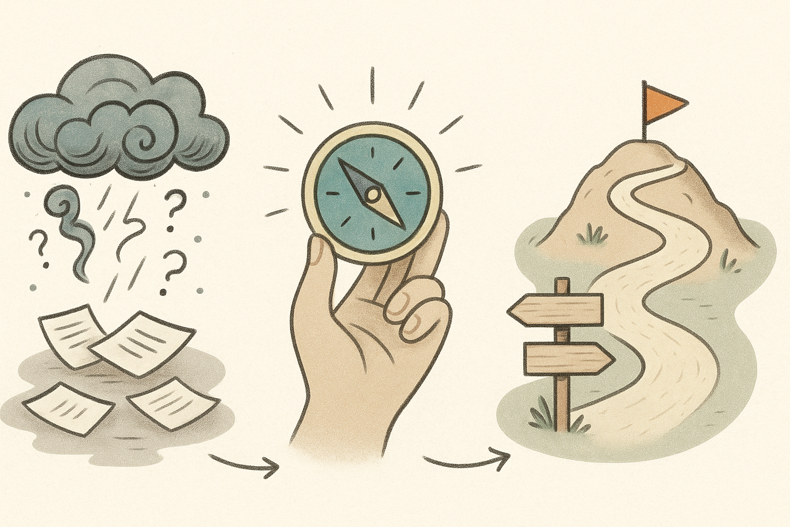 Illustration: three-step journey from chaos to clarity.