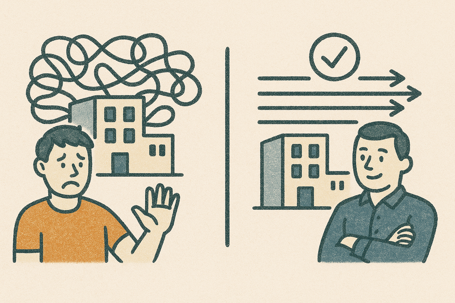 Illustration: before/after view of SME operations becoming clearer and more stable.