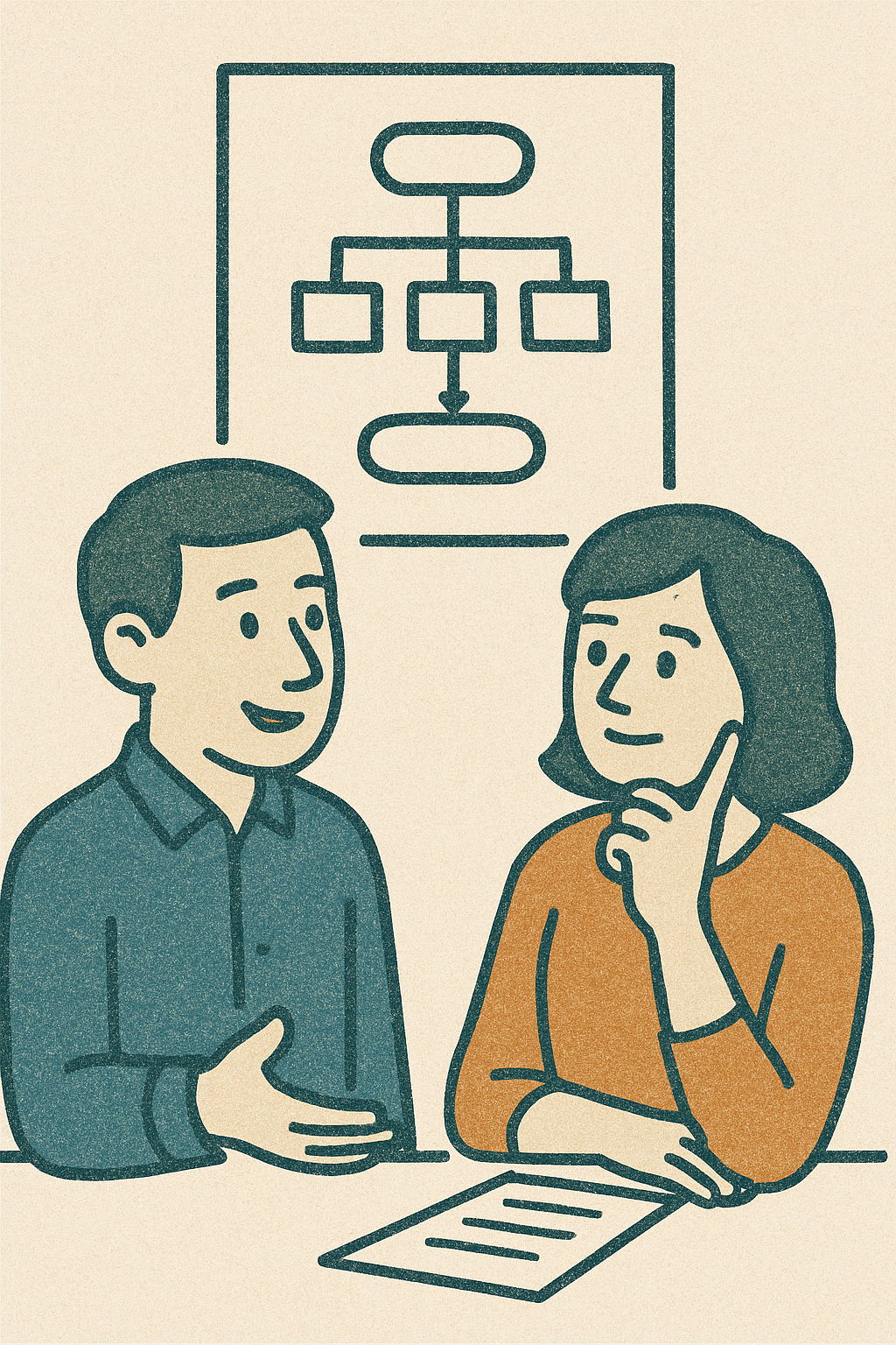 Illustration: two people discussing processes in a calm, structured way.